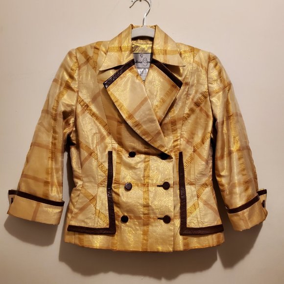 Antonio Garcia Couture Gold Skirt Set with Brown Faux Ostrich Skin Trim Size 4 - Picture 3 of 12